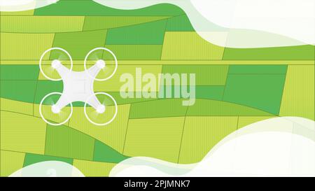 Drohnenroboter fliegen über dem landwirtschaftlichen Feld. Quadcopter, Draufsicht. Landwirtschaftstechnologie, Nutzung von Innovationen im Landwirtschaftskonzept. Hubschrauber zwischen Wolken A Stock Vektor