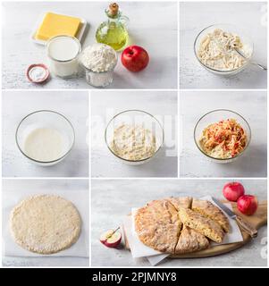 Collage, Kochen von vegetarischem Käse-Fladenbrot mit Apfel, Schritt für Schritt, auf hellgrauem Hintergrund, Draufsicht Stockfoto