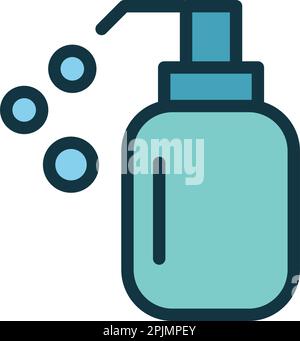 Flüssiges, weiches Seifenliniensymbol mit Blasen. Flüssigseife, antiseptischer Spender. Schutz vor dem Coronavirus, COVID 19. Linie, Umrisssymbol. Persönliche Hygie Stock Vektor