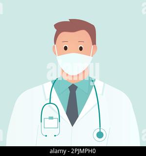 Junger Arzt trägt medizinische Schutzmaske und medizinische Kittel. Arzt mit Stethoskop. Therapeut geschützt vor Virus, Coronavirus. Vector Illustrati Stock Vektor