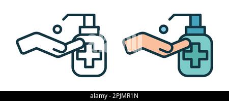 Symbol für antiseptische Flasche. Die Hände drücken auf die Dosierpumpe. Symbol für eine Linie mit flüssiger antiseptischer Seife. Schutz vor Covid 19, Coronavirus. Körperpflege, Hygiene Stock Vektor