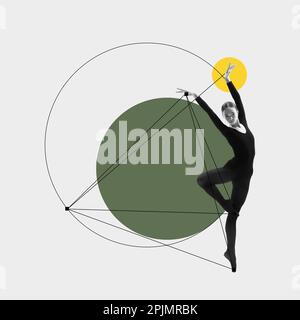 Zarte, schöne, junge Ballerina tanzt vor pastellfarbenem Hintergrund mit abstrakten Designelementen. Strichgrafiken. Collage für zeitgenössische Kunst. Stockfoto