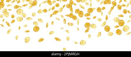 Hintergrund fallender Dollarmünzen. Casino-Jackpot oder Gewinnkonzept. Bargeld fällt, fällt oder Münzen regnen auf schwarzem, isoliertem Hintergrund. Goldenes Geld fällt. Gamb Stock Vektor