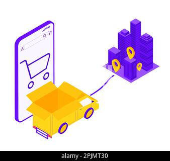 Auto stehen und warten auf Online-Bestellung, Kauf und Lieferung. Telefon mit Internet-Store-App und großem Einkaufswagen. Pfad oder Weg, der zum Ziel führt - Stock Vektor