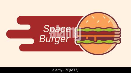 Burger-Logo als Planet, der im Weltall fliegt. Space Burger-Banner. Schild für Hamburger zum Mittagessen. Fliegendes Cheeseburger-Banner mit schneller Linie. Vector Illustrati Stock Vektor