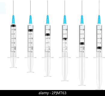 Satz realistischer medizinischer Einwegspritzen mit Nadeln und Impfstoff im Inneren. Abbildung gilt für Impfstoffinjektion. 3D Kunststoffspritzen mit Stock Vektor