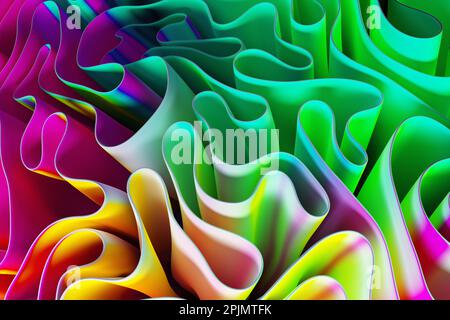 Gewellte, mehrfarbige Rüschenschichten. Abstrakter mentaler Hintergrund. 3D-Rendering Stockfoto