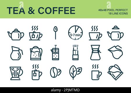 Symbole für Tee oder Kaffeegetränke. Das Set enthält – Teekanne, Tasse, Becher, Kaffeebohnen, Teeblätter, französische Presse und anderes Zubehör. Gilt für brewin Stock Vektor