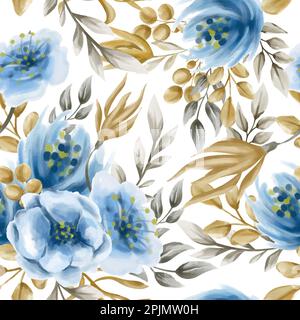 Nahtloses Aquarell-Blumenmuster - blaue beige Blütenelemente, grüne Blätter auf weißem Hintergrund; für Verpackungen, Tapeten, Postkarten Stock Vektor