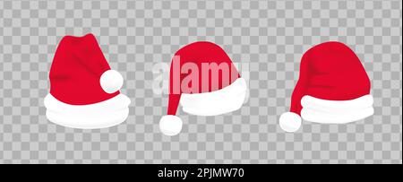 Set aus roten claus-Hüten mit weißem Fell. Weihnachtsmütze auf isoliertem Hintergrund. Weihnachtskleidung. Weihnachtsmann-Hutvorlage zur Dekoration. Claus, weihnachtsmann Stock Vektor