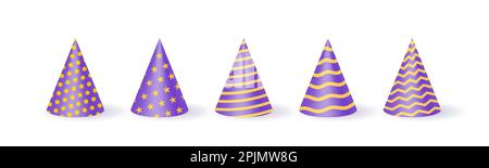 Realistische 3D Weihnachtshüte, Mützen. Cap für Geburtstagsparty, Silvesterfeier. Hüte für Spaß, Feiertagsfeier, Jubiläumsfeier oder Unterhaltung Stock Vektor