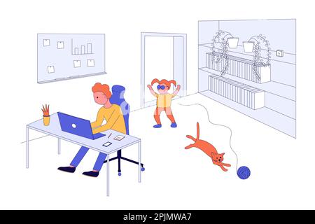 Dad, der mit dem Laptop arbeitet. Arbeit von zu Hause aus, Remote-Arbeit Contras Illustration. Ein Mädchen mit Haustier läuft ins Zimmer des Vaters und stört die Arbeit, di Stock Vektor