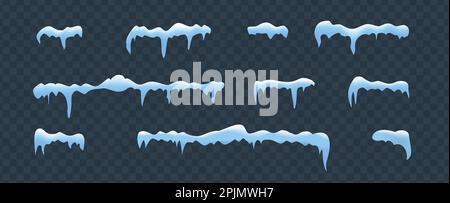 Frost Dekorationskollektion für Rahmen. Horizontal gefrorener Schnee. Blauer und weißer Frost. Weihnachtseisdekoration auf isoliertem Hintergrund. Realistisch 3 Stock Vektor