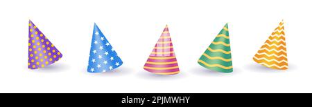 Realistische 3D Holiday Mützen, Caps Kollektion. Cap für Geburtstagsparty, Silvesterfeier. Hüte zum Spaß, Feiertagsfeier, Jubiläumsfeier o Stock Vektor