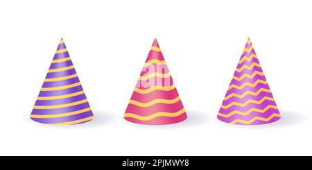 Realistische 3D Weihnachtshüte, Mützen. Cap für Geburtstagsparty, Silvesterfeier. Hüte für Spaß, Feiertagsfeier, Jubiläumsfeier oder Unterhaltung Stock Vektor