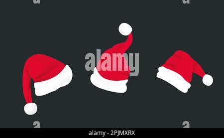 Set aus roten claus-Hüten mit weißem Fell. Weihnachtsmütze auf isoliertem Hintergrund. Weihnachtskleidung. Weihnachtsmann-Hutvorlage zur Dekoration. Claus, weihnachtsmann Stock Vektor