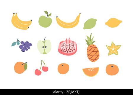 Von Hand gezogenes Obst-Set zum Doodle. Vegane tropische exotische Früchte - Apfel, Orange, Zitrone, Heidelbeere, Granatäpfel, Kiwi, Avocado, Banane. Vegan, vegetarisch nu Stock Vektor