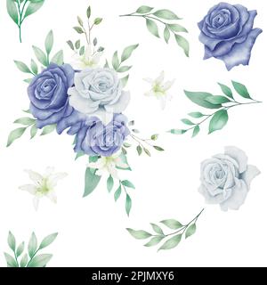 Nahtloses Blumenmuster mit abstrakten blauen und grauen Blumen, zarten Ästen und Blättern. Wasserfarbener Druck isoliert auf weißem Hintergrund für Textilien Stock Vektor
