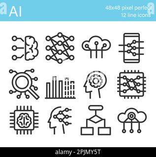 Eine Reihe von Symbolen für künstliche Intelligenz. Künstliches Gehirn, neuronales Netzwerk, Cloud, Telefon, Suche, Diagramm mit Vorhersage, Kopf mit Ausrüstung drin, Chip mit Stock Vektor