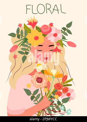 Eine charmante Frau mit einem Blumenkranz auf dem Kopf und einem Blumenstrauß in der Hand. Die Vektordarstellung eignet sich ideal für Muttertagskarten, Geburtstage, Banner, Poster usw. Vektordarstellung Stock Vektor