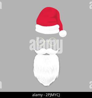 weihnachtsmann-Bart und Schnurrbart, Brille, roter Hut oder rote Mütze. Vorlage für weihnachtsdesign. Realistische Darstellung des Stils Stock Vektor