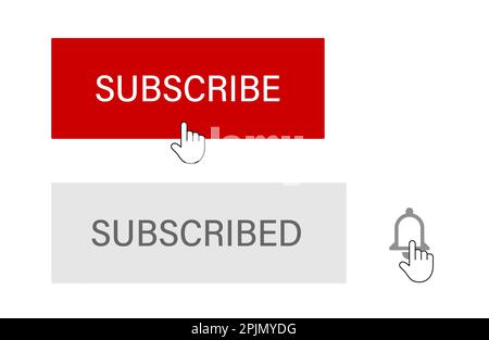 Schaltfläche „Abonnieren“ mit Handcursor. Abbildung des Abonnementprozesses. Klicken Sie mit der Hand auf die Schaltfläche. Abonnierter Status mit Benachrichtigungsglocke. Video-Social Stock Vektor