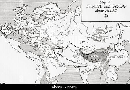 Karte von Europa und Asien, ca. 1200 n. Chr. Aus dem Buch Outline of History von H.G. Wells, veröffentlicht 1920. Stockfoto