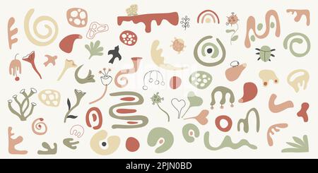 Moderne Doodle Shapes Kollektion. Abstrakte Doodle-Elemente in Pastellfarben. Dekoratives, märchenhaftes Set mit Blumen- und Kräuterformen. Sammlung enthält Kreis Stock Vektor