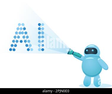 Cute cartoon Roboter mit einer Taschenlampe und Vertretung an AI Buchstaben. Künstliche Intelligenz, Lernen, Machine Learning Konzept. Farbige Flachbild vect Stock Vektor