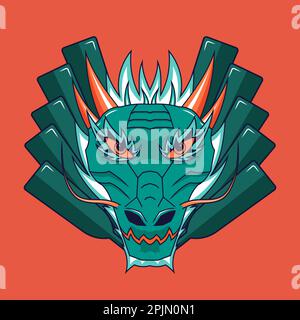 Chinesischer Drachenkopf mit Bootspaddeln im Hintergrund. Gilt als Symbol, Maskottchen für Drachenbootrennen, Rennen, Wettkämpfe. Böser chinesischer Drache Stock Vektor