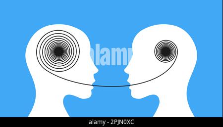 Zwei menschliche oder weibliche Köpfe mit einem Faden dazwischen. Psychotherapiesitzungskonzept. Psychologische Unterstützung, Hilfekonzept. Behandlung psychischer Störungen CO Stock Vektor