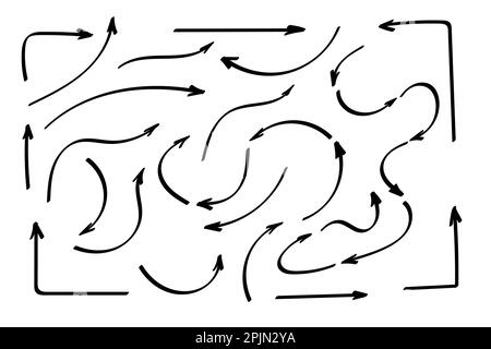 Pudelpfeile Set oder Sammlung. Handgezeichnete Formen, Häkchen, Richtungszeichen oder Symbole. Vektor der Tintenpfeile. Doodle-Symbole. Zeigersymbole. Pointe Stock Vektor