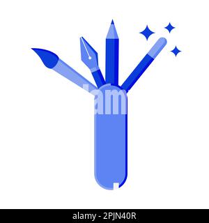 Computergrafikkünstler wie Bleistift, Pinsel, Tropfer, Pinsel, Zeichenstift, Zauberstab im Multifunktionswerkzeug oder schweizer Armeemesser. Computergrafiken Stock Vektor