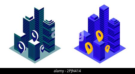 Isometrische Innenstadt mit Wolkenkratzern und Ortssymbolen. Teil der Stadt im isometrischen Stil. Gilt für die Darstellung des innerstädtischen Lieferverkehrs. Vector Illustrati Stock Vektor
