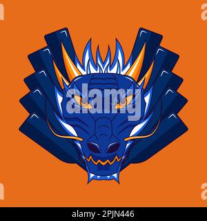 Chinesisches Drachenschild mit Paddeln im Hintergrund. Schild mit Monsterkopf, Emblem oder Maskottchen. Gilt für Drachenbootwettkämpfe, Rennen als Maskottchen, Logo Stock Vektor