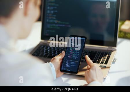 Von hinten gesehen, moderne Frau mit Laptop- und Smartphone-Entwicklungsprogramm in einem modernen Büro. Stockfoto