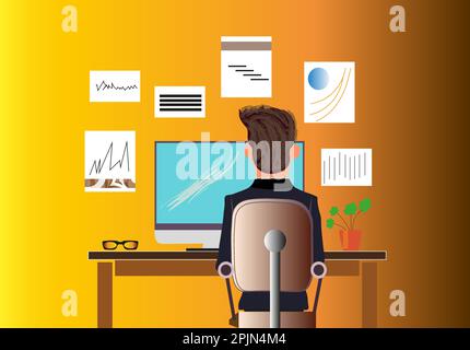 Ein Mann sitzt an einem Schreibtisch, auf dem sich ein Computer befindet, Erinnerungen und Zeitpläne hängen an der Wand. Stock Vektor