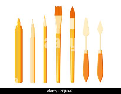 Set von Kunstwerkzeugen - Bleistift, Pinsel, Liner, Stift, Marker, Palettenmesser auf isoliertem Hintergrund. Flache Darstellung. Traditionelle Kunst, Malwerkzeuge, Stock Vektor