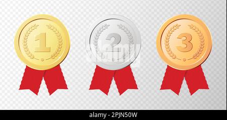 Realistische Medaillen - Gold, Silber, Bronze mit gestreiften Bändern. Realistische goldene Auszeichnungen für den Gewinner des Wettbewerbs. Gilt für Gewinnerzertifikate Stock Vektor
