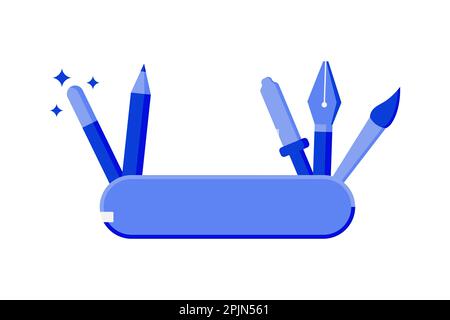 Computergrafikkünstler wie Bleistift, Pinsel, Tropfer, Pinsel, Zeichenstift, Zauberstab im Multifunktionswerkzeug oder schweizer Armeemesser. Computergrafiken Stock Vektor