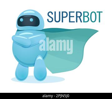 Cute Super bot Stand mit verschränkten Armen und es ist cloack weht im Wind. Chatbot oder ai Abbildung Konzept. Stock Vektor