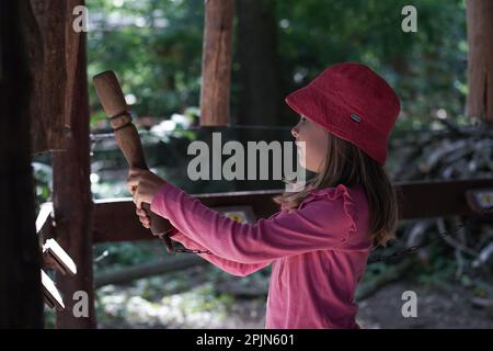 Glückliche Mädchen in Sommerkleidung im grünen Wald während Aktivitäten an sonnigen Tagen, lächelnde Kinder erkunden die Natur. Lernen natürlicher Materialien Stockfoto