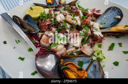 Traditioneller Salat mit Oktopus und Kräutern. Stockfoto