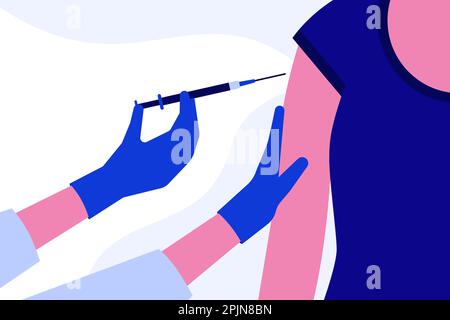 Impfkonzept. Anwendbar für Covid 19, Coronavirus, Grippeimpfstoff-Injektion, Impfdarstellung. Krankenschwester in blauen Gummihandschuhen gibt Injectio Stock Vektor