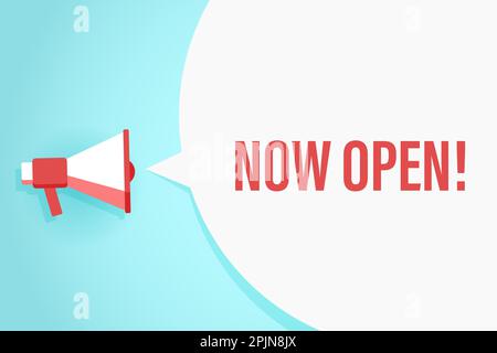 Megaphon oder Lautsprecher mit Sprechblase und Zitat jetzt geöffnet. Werbebanner. Vektorgrafik Stock Vektor