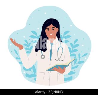 Glücklicher Arzt in weißem Mantel und Stethoskop in den Händen mit einem Notebook, das zur Seite zeigt. Stock Vektor