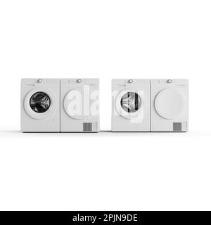 eine 3D-Darstellung von Waschmaschinen auf weißem Hintergrund Stockfoto