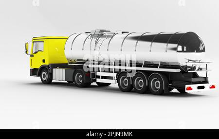 3D-Darstellung eines großen Lkws mit reflektierendem Kraftstofftank, der auf dem Bett montiert ist Stockfoto