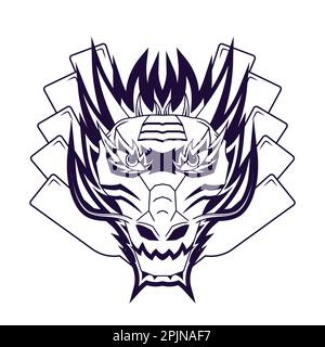 Gilt für Drachenbootfestival, Rennen als Maskottchen, Logo. Chinesisches Drachenschild mit Paddeln im Hintergrund. Schild mit Monsterkopf, Emblem oder Maskottchen. Stock Vektor