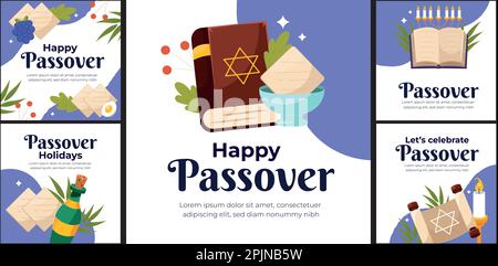 Happy Passover Jüdischer Feiertag, lasst uns Seder Pesach feiern, Grußkarte mit traditionellen Ikonen. schrift, tora, Blumen und Blätter, Symbole Stock Vektor